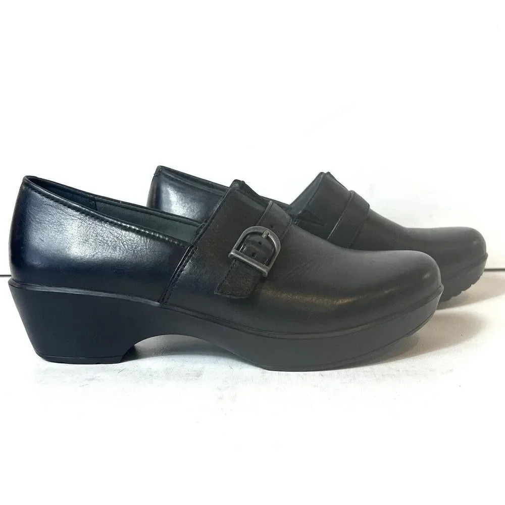 Dansko Black Leather Block Mid Heel Women's Shoes EU 39 US 8.5-9 Slip On Clogs - Picture 3 of 13